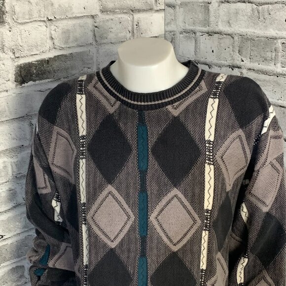 Vintage 3D Knit Sweater Grandpa Dad 90s Retro Textured Crewneck Pullover - Picture 2 of 9